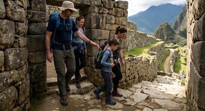 caminata en la explanada de machu picchu