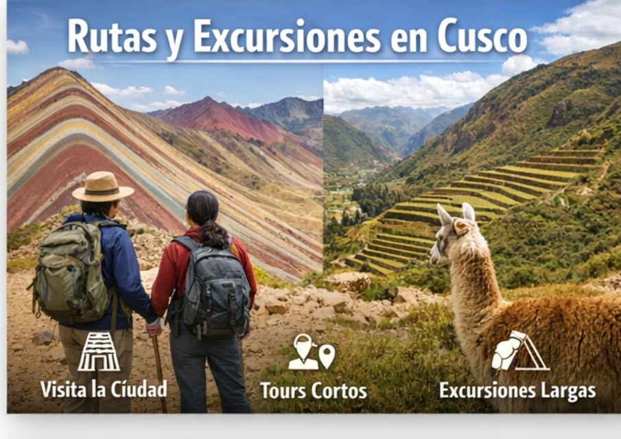 Cusco routes and excursions infographic with city tour, short tours, and long excursions across scenic Andean landscapes