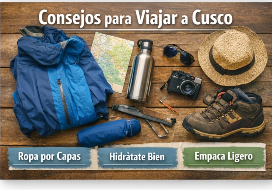 Cusco travel tips image with jacket, water bottle, map, camera, hat and hiking boots for packing and preparation