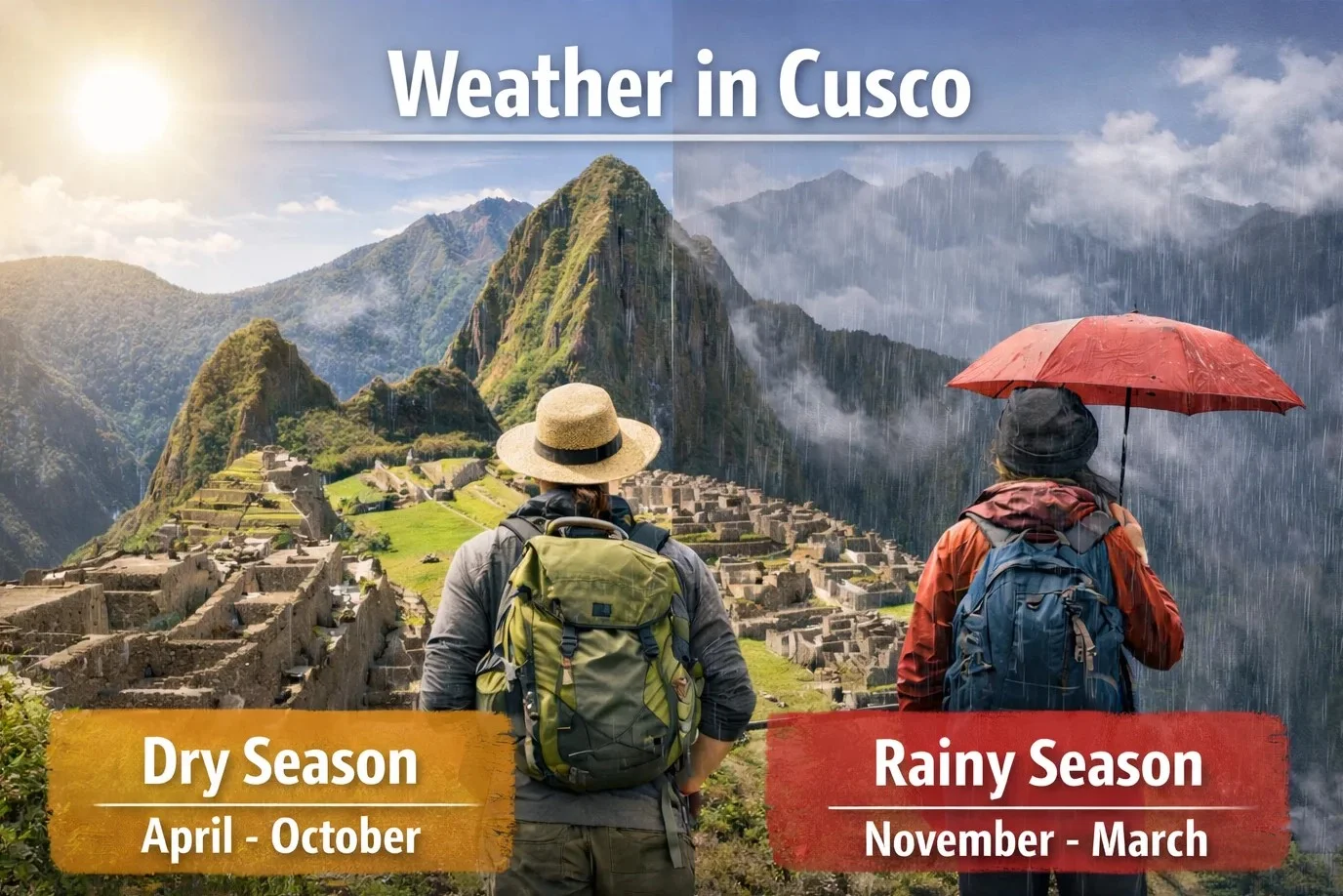 Weather in Cusco infographic showing dry season from April to October and rainy season from November to March at Machu Picchu