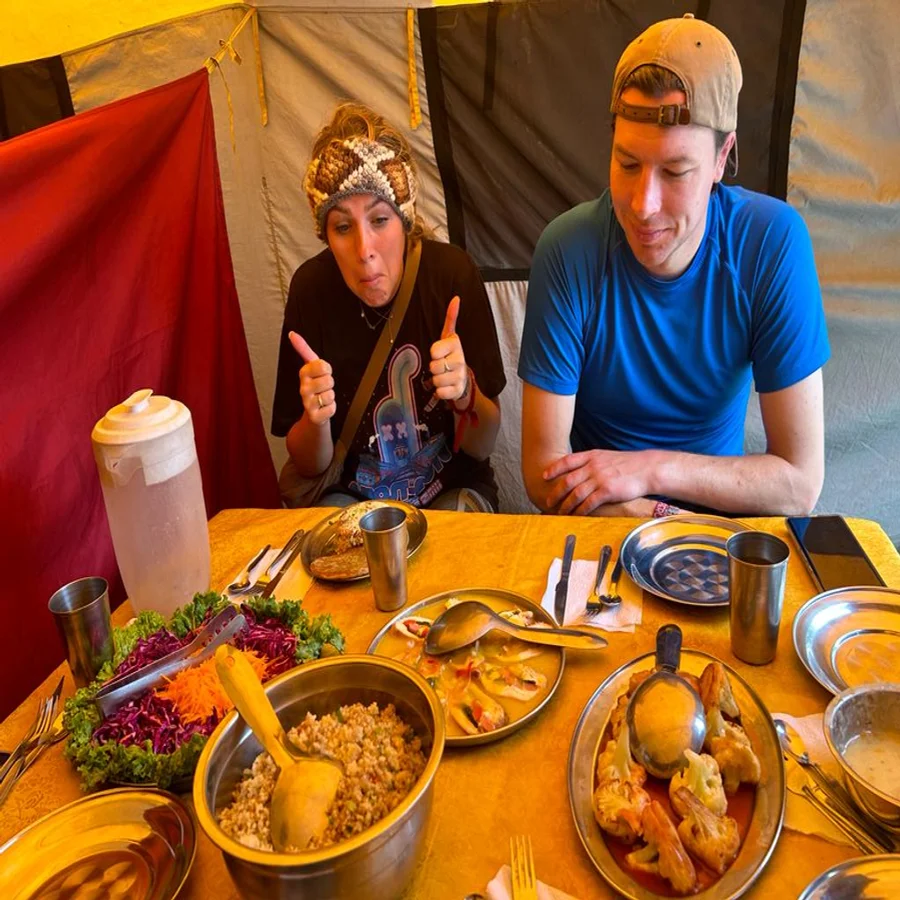 Lunch served at the Inca Trail camp, enjoying the meal during the hike to Machu Picchu.