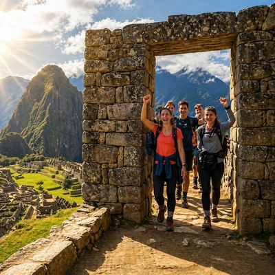 Happy hikers arriving through the Sun Gate with a scenic view of Machu Picchu in the background | Inca Culture Travel