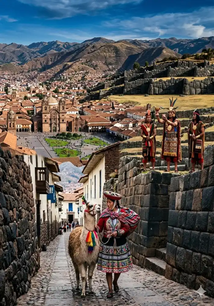Panoramic view of the city of Cusco combined with Inca culture, walls of Sacsayhuaman and traditional costumes