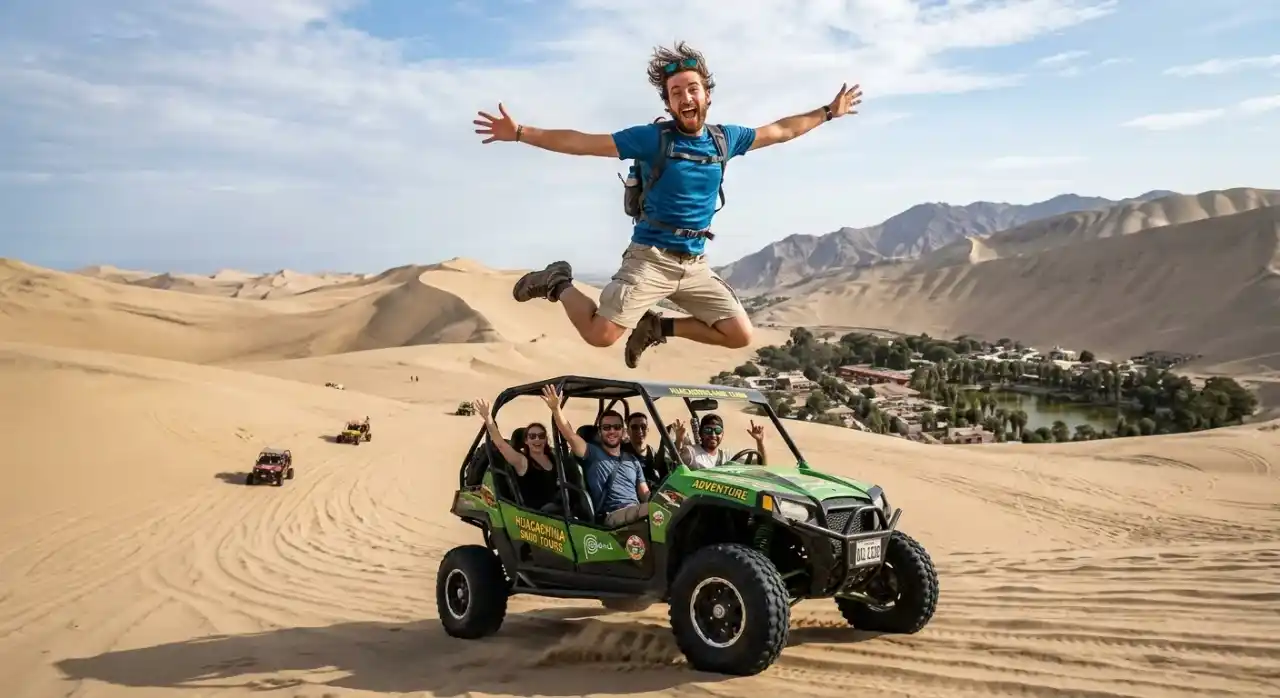 Tourist jumping with excitement next to a sand dune buggy in the Huacachina desert oasis in Ica | Inca Culture Travel