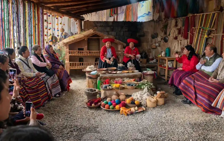 Authentic colorful handmade Andean textiles and alpaca wool crafts on display | Inca Culture Travel