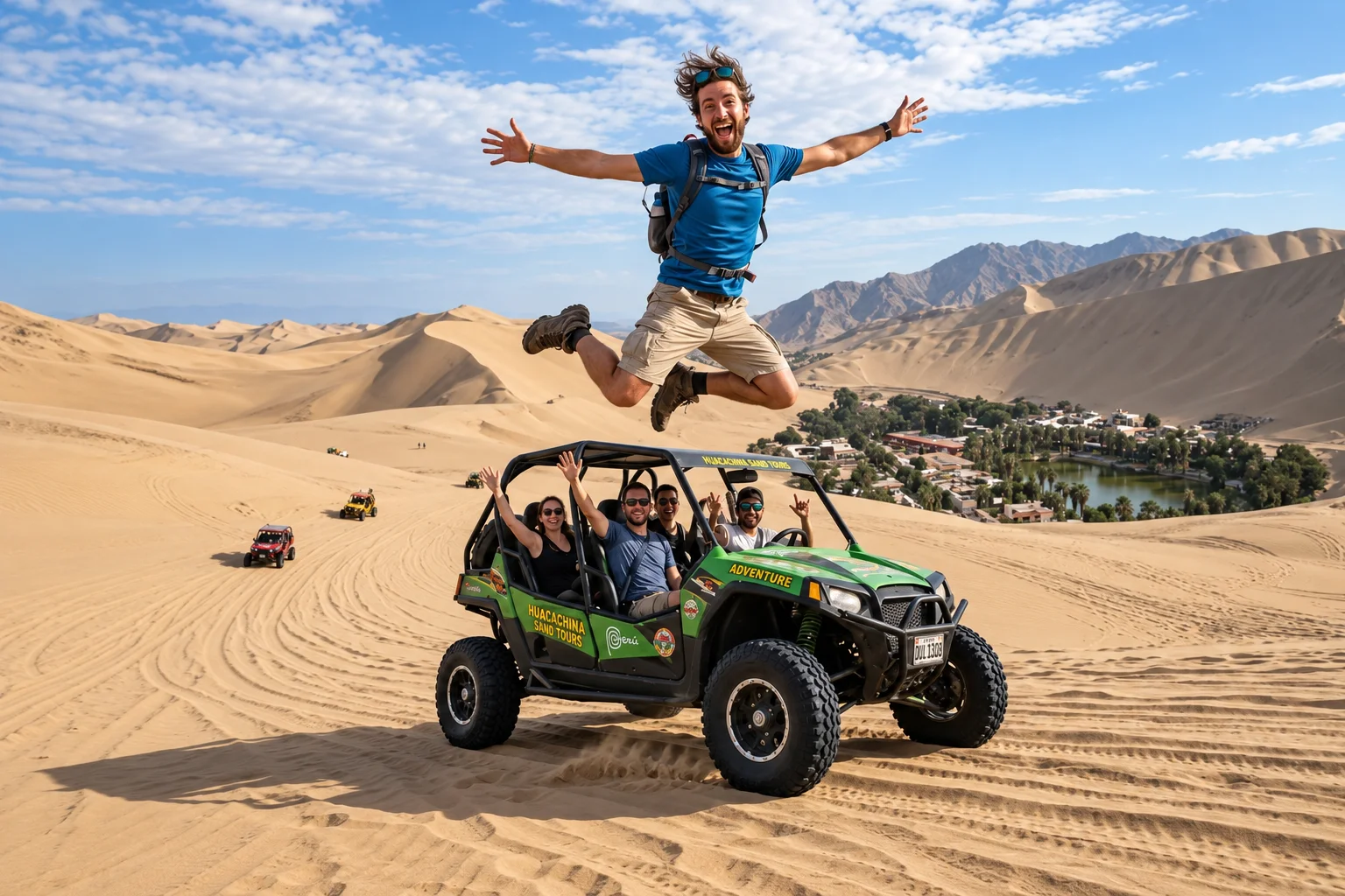 Traveler jumping beside a dune buggy in the Huacachina desert oasis in Ica