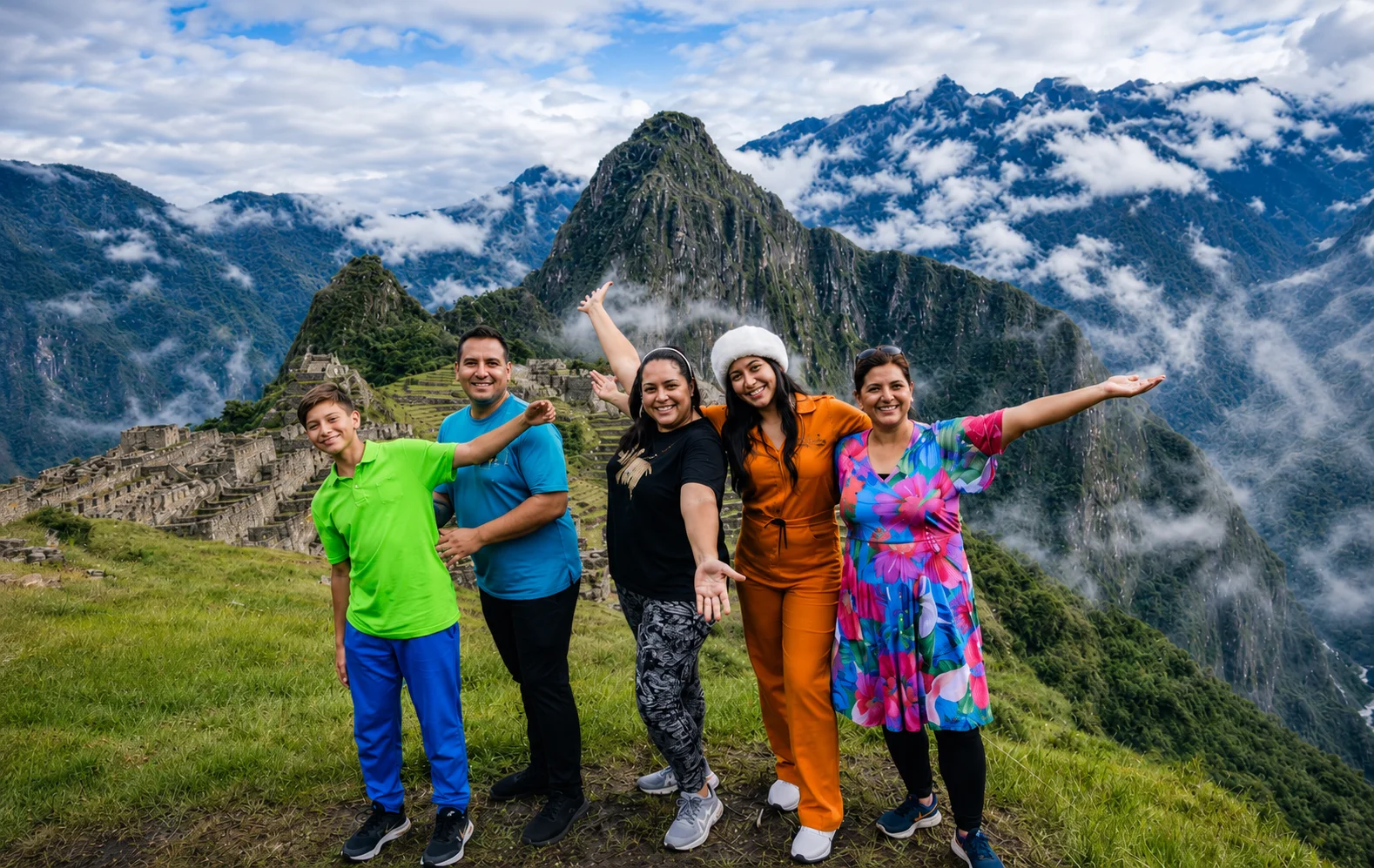 Happy family enjoying a guided tour at the Machu Picchu citadel in Peru | Inca Culture Travel