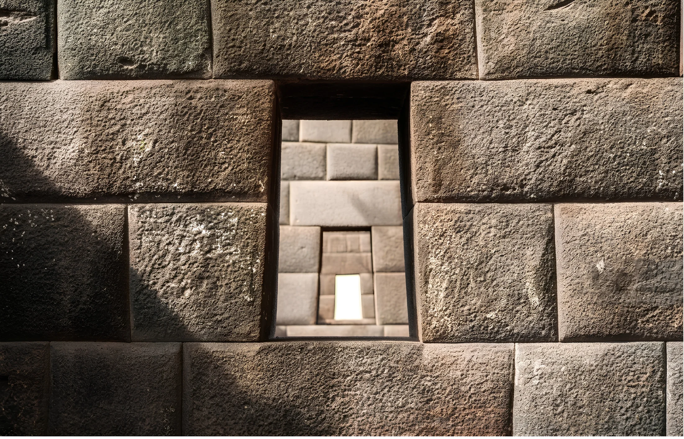 Precisely fitted Inca stone walls and trapezoidal openings inside Qorikancha in Cusco.