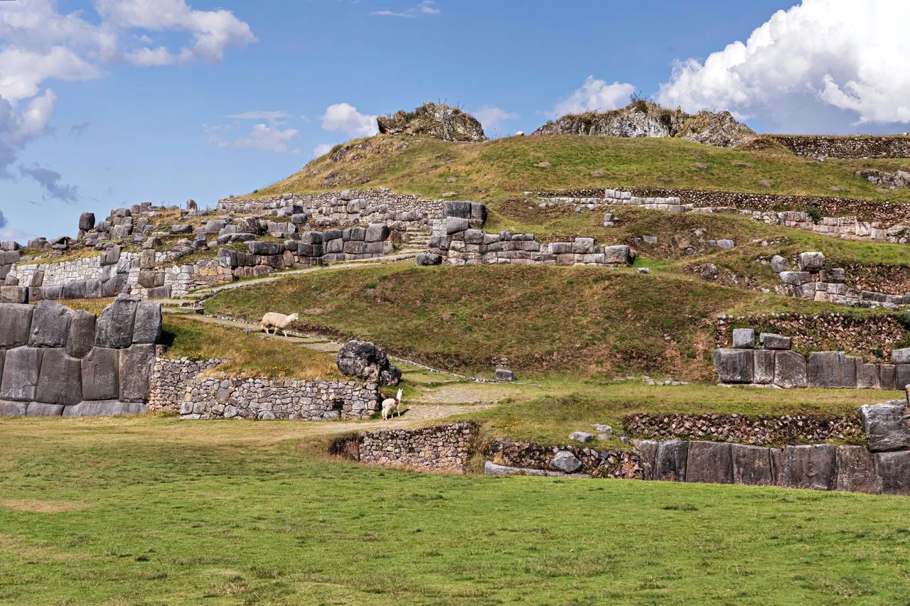 Inca stone terraces at the Tambomachay archaeological site near Cusco, Peru