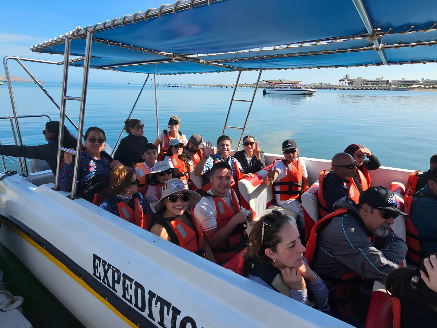 Travelers aboard a boat in Paracas before the Ballestas Islands excursion.