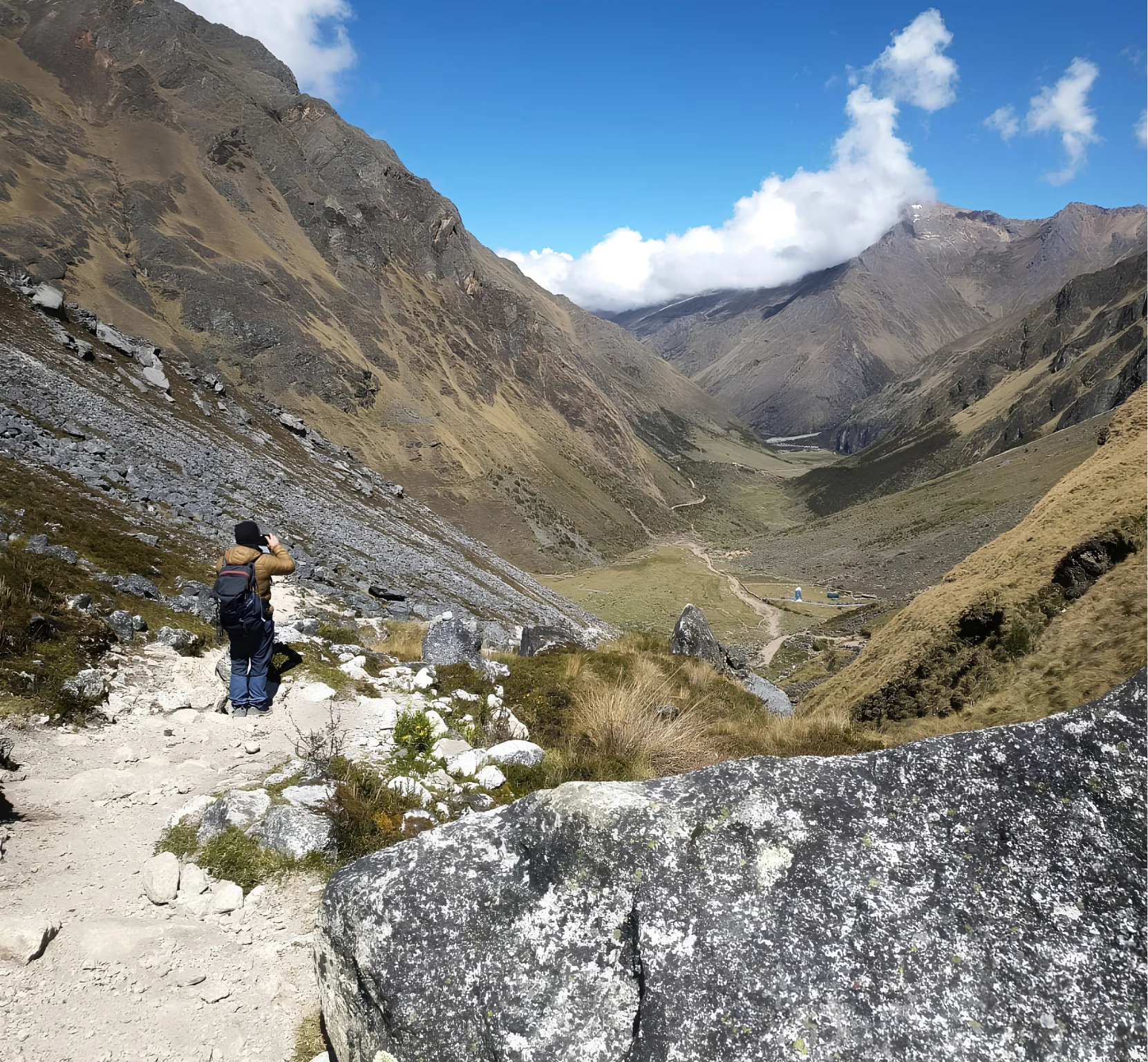 Hikers walking through a high-Andean landscape on the Salkantay Trek 4 Days to Machu Picchu