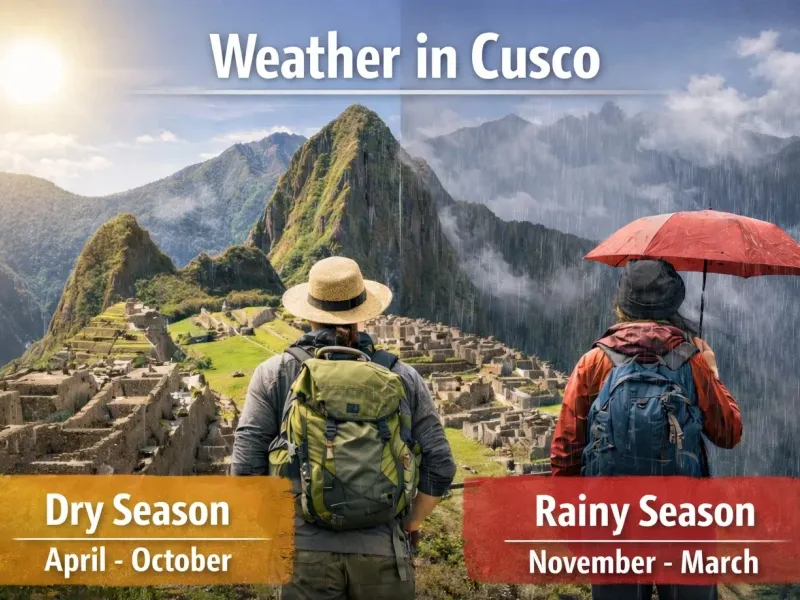 Weather in Cusco infographic showing dry season from April to October and rainy season from November to March at Machu Picchu
