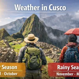 Weather in Cusco infographic showing dry season from April to October and rainy season from November to March at Machu Picchu
