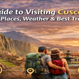 Guide to visiting Cusco with Machu Picchu, Plaza de Armas, weather icons, and travelers exploring Peru