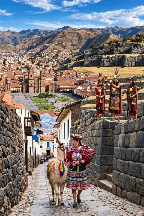 Panoramic view of Cusco featuring Inca heritage, Sacsayhuamán stone walls and traditional Andean clothing.