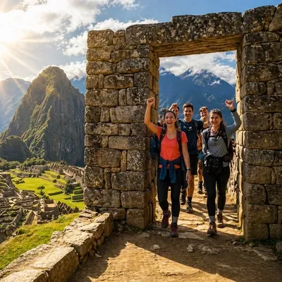 Excursionistas llegando por la Puerta del Sol con una vista panorámica de Machu Picchu al fondo | Inca Culture Travel