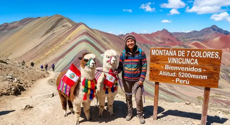 Viajero posando con alpacas junto al cartel oficial de la Montaña de Colores en Cusco | Inca Culture Travel