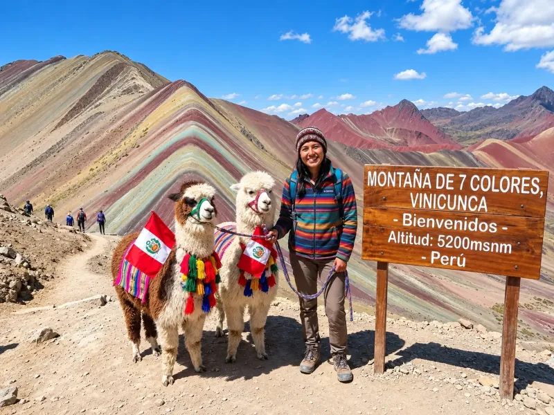 Traveler with alpacas beside the Rainbow Mountain sign in Cusco